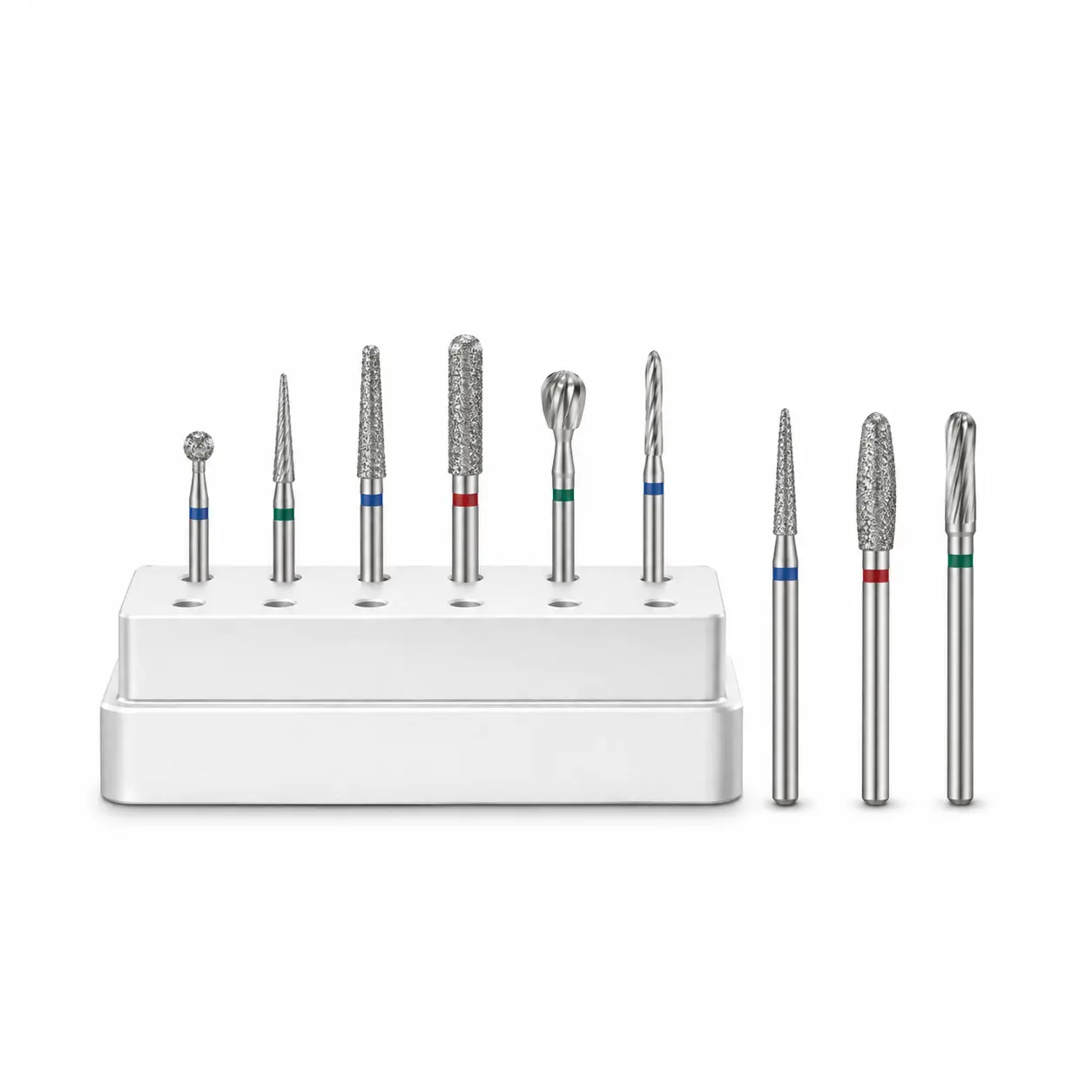 Dental frezler kategorisi için farklı şekillerde düzenlenmiş diş hekimliği frez seti