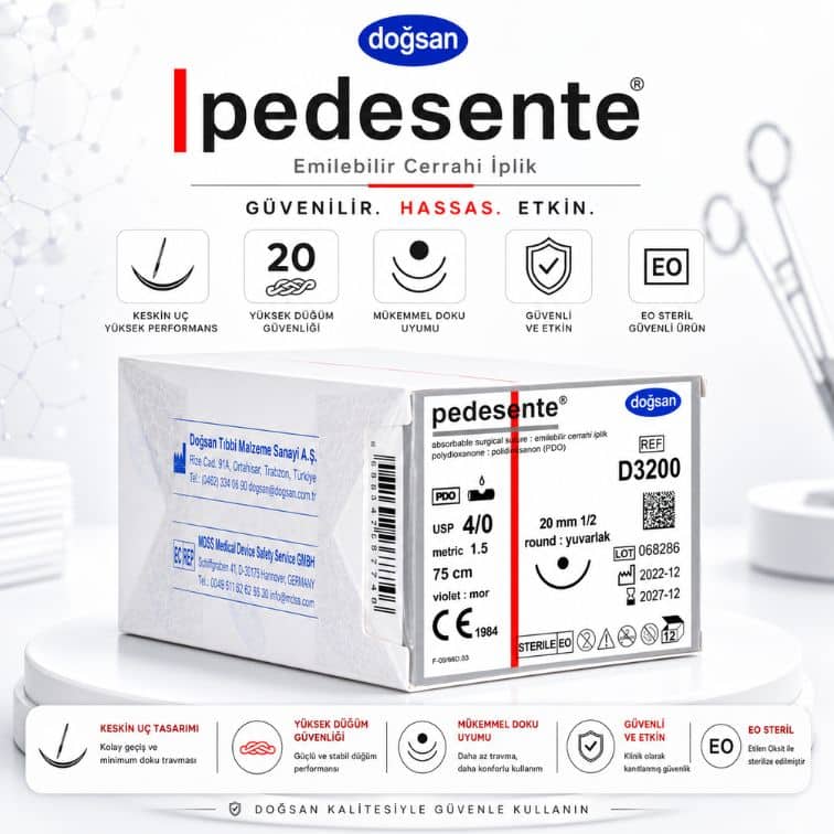 DOĞSAN D3200 Pedesente PDO Emilebilir Cerrahi İplik 4/0 20 mm 1/2 Daire Yuvarlak İğne 75 cm ürün görseli