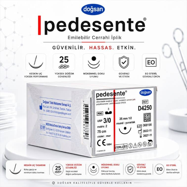 DOĞSAN D4250 Pedesente PDO Emilebilir Cerrahi İplik 3/0 25 mm 1/2 Daire Yuvarlak İğne 75 cm ürün görseli