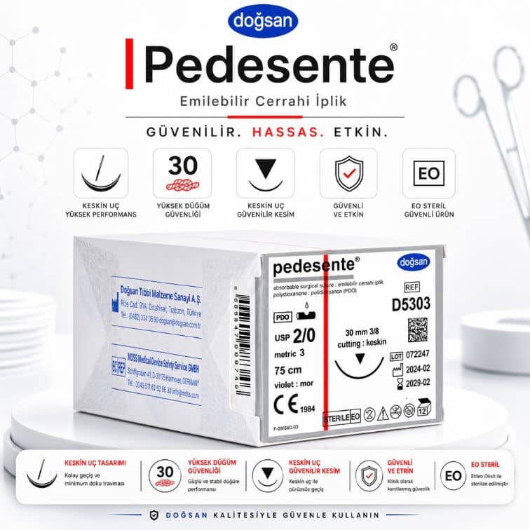 DOĞSAN D5303 Pedesente PDO Emilebilir Cerrahi İplik 2/0 30 mm 3/8 Daire Keskin İğne 75 cm ürün görseli