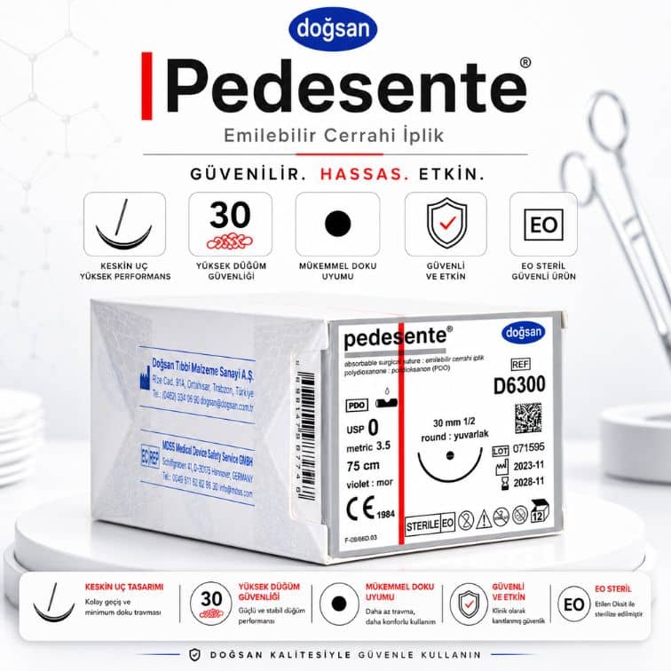 DOĞSAN D6300 Pedesente PDO Emilebilir Cerrahi İplik 0 USP 30 mm 1/2 Daire Yuvarlak İğne 75 cm ürün görseli