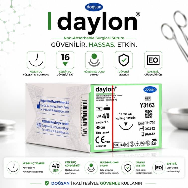 DOĞSAN Daylon® Cerrahi Sütür REF Y3163 – USP 4/0 45 cm 16 mm 3/8 Keskin ürün görseli