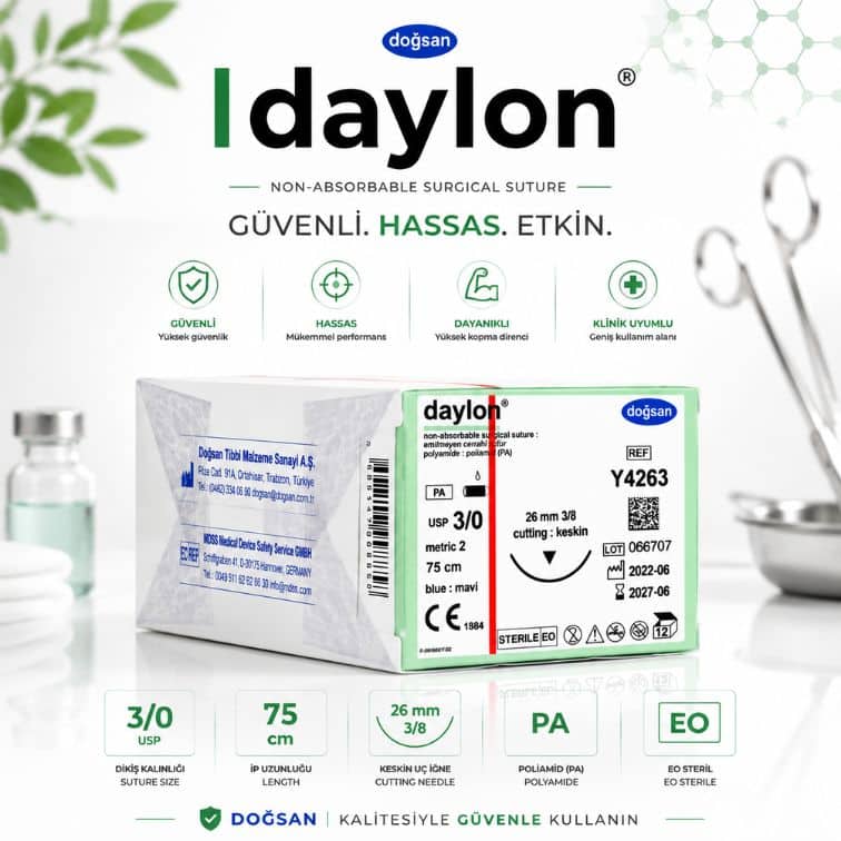 DOĞSAN Daylon® Cerrahi Sütür REF Y4263 – USP 3/0 75 cm 26 mm 3/8 Keskin ürün görseli