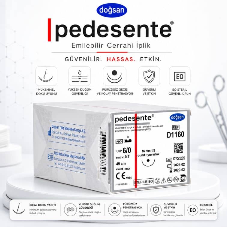 DOĞSAN D1160 Pedesente PDO Emilebilir Cerrahi İplik 6/0 16 mm 1/2 Daire Yuvarlak İğne 45 cm ürün görseli