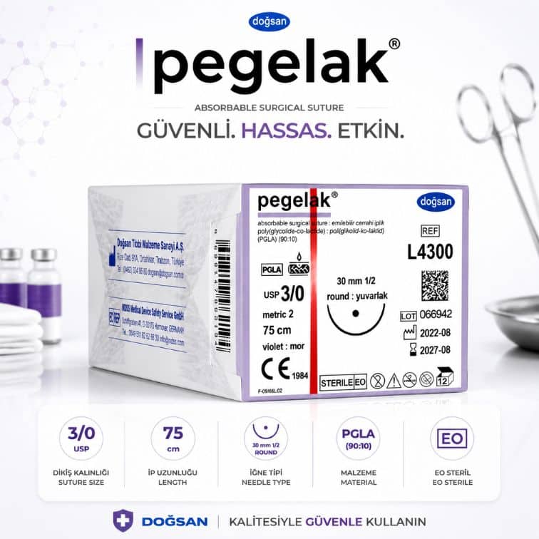 DOĞSAN Pegelak® Cerrahi Sütür | REF: L4300 Emilebilir PGLA Cerrahi Dikiş İpliği | 75 cm | 3/0 | 20 mm 1/2 Yuvarlak ürün görseli