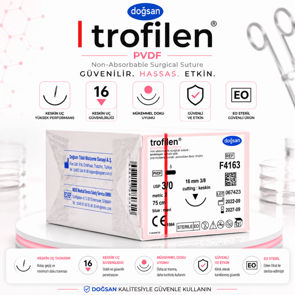 DOĞSAN Trofilen® Cerrahi Sütür REF F4163 – USP 3/0 75 cm 16 mm 3/8 Keskin ürün görseli