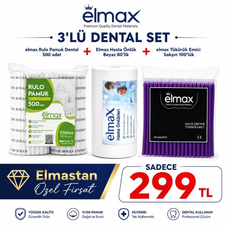 Elmax Rulo Pamuk 500 adet + Hasta Önlüğü Beyaz 80’lik + Tükürük Emici Sakşın 100’lük ürün görseli