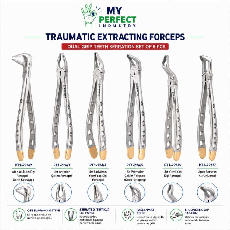 My Perfect Industry PT1-224 Dual Grip Traumatic Extracting Forceps Seti (6 Parça) ürün görseli
