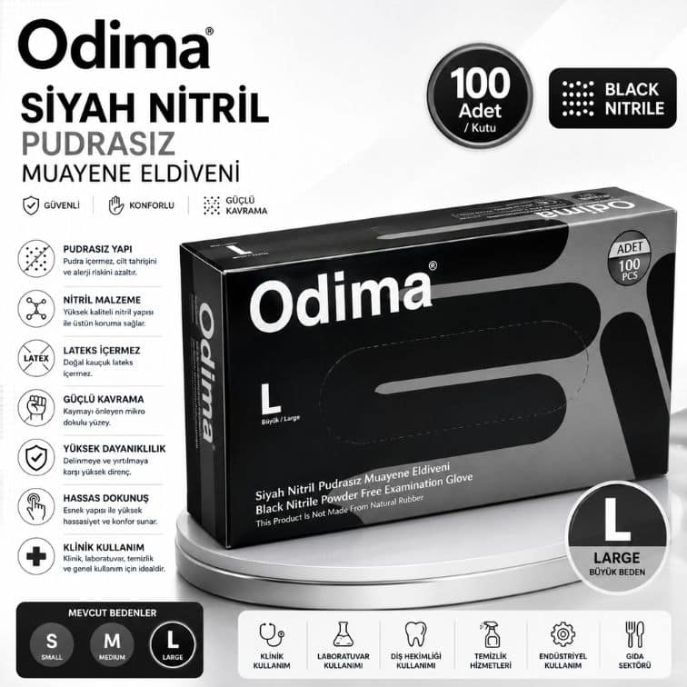 Odima Siyah Nitril Muayene Eldiveni – 100’lük Paket ürün görseli
