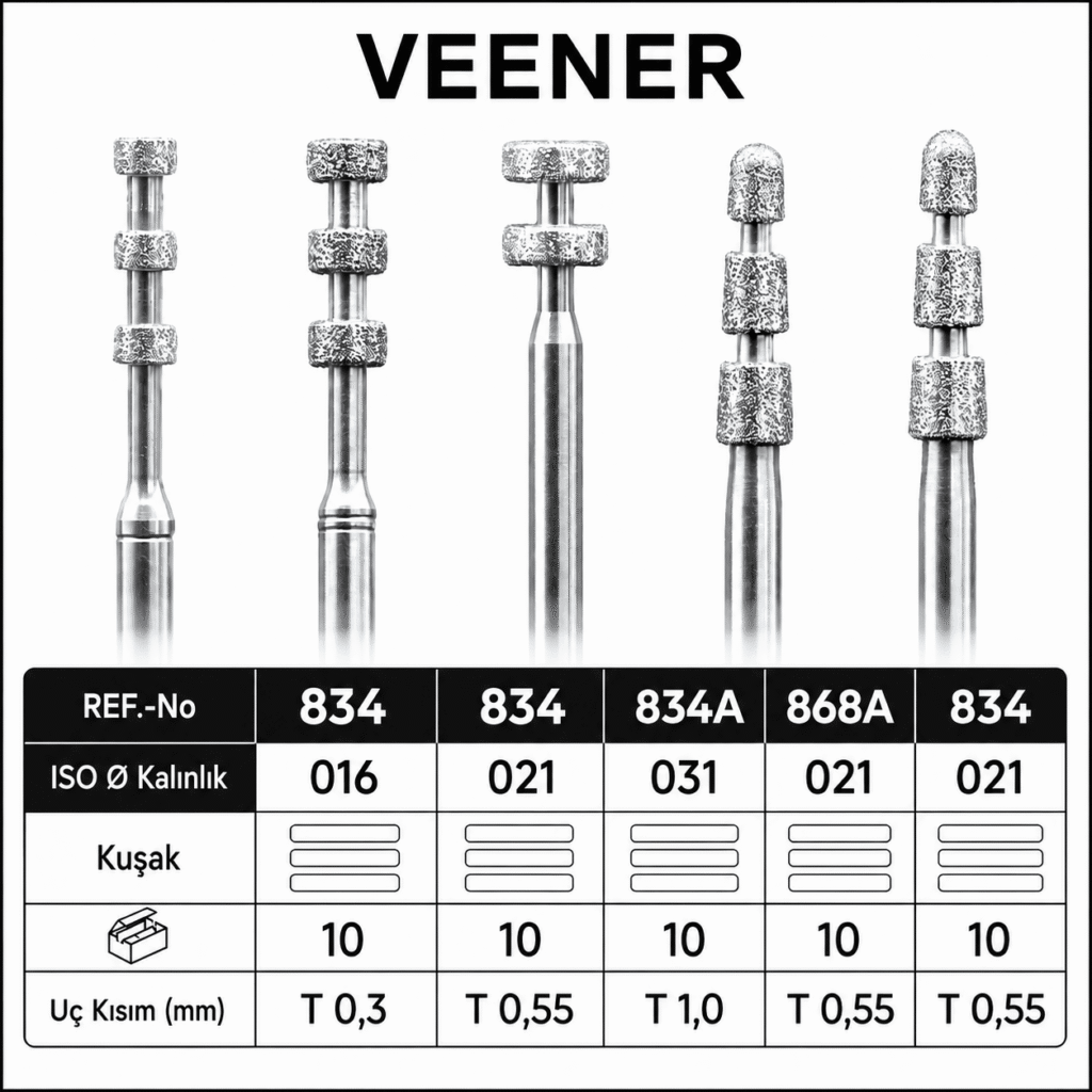 Veneer Elmas Frez 834 834A 868A Laminate Veneer Preparasyon Uçları - 10 adet ürün görseli