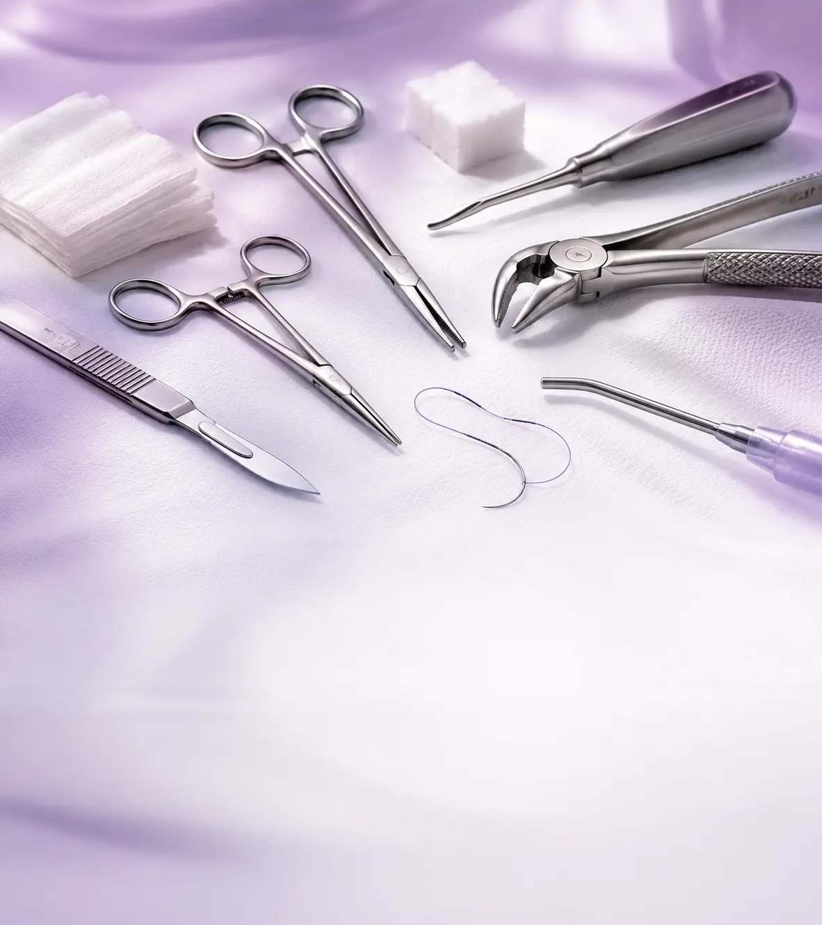 Steril örtü üzerinde bistüri, sütür, portegü, cerrahi makas ve dental cerrahi el aletleri